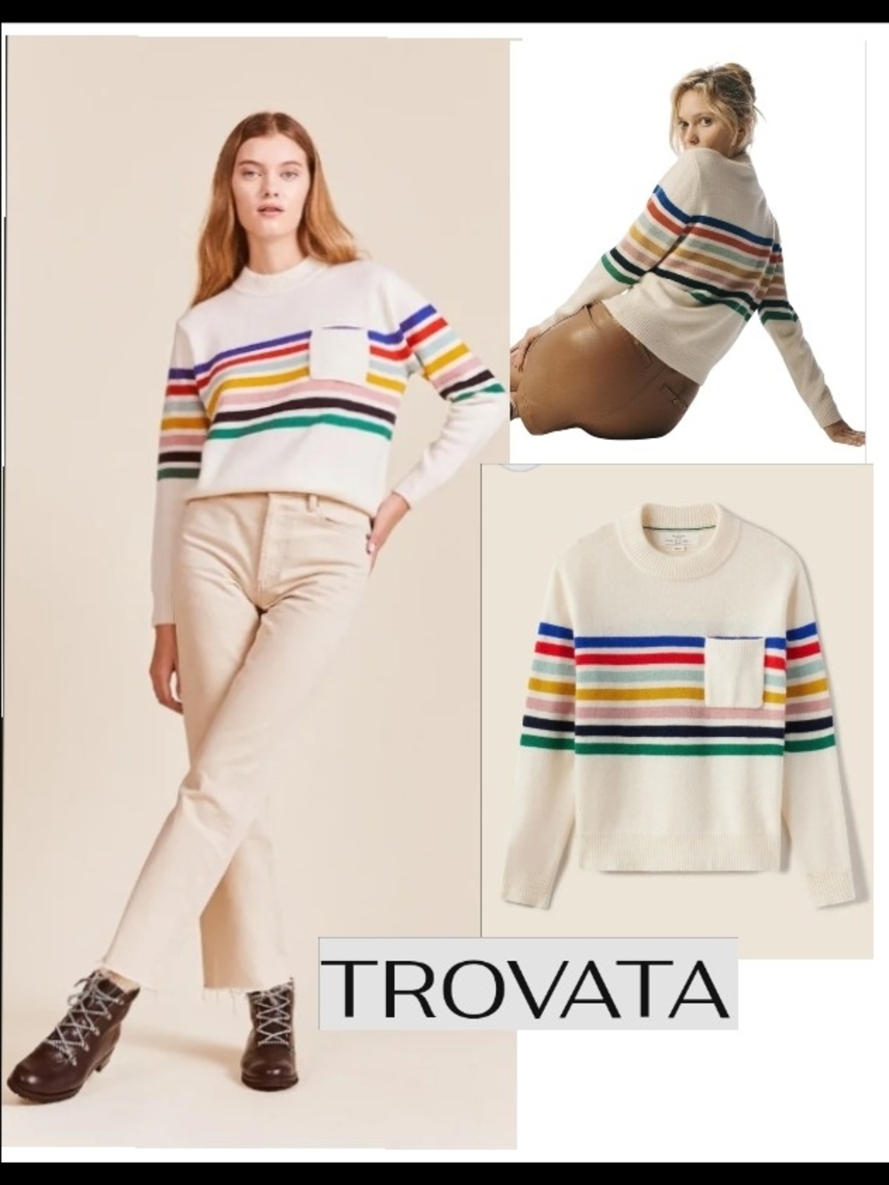 Trovata Cream Crewneck Sweater with Rainbow Stripes and Pocket 100% Cashmere